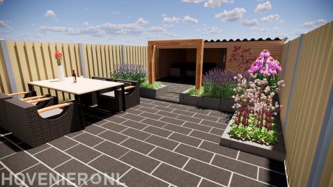 3D tuinontwerp van tuin met plantenbakken, pergola en overkapping