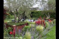 Aanplant kleurrijke bloemborders in moderne tuin rond verdiept terras