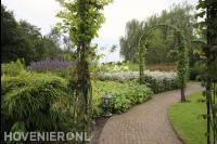 Metalen pergola's met klimplanten over tuinpad