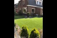 Voortuin met gazon van kunstgras