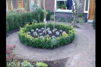 Voortuin met cirkelvormige border omgeven door buxus