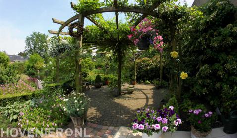 Houten pergola in kleurrijke groene tuin