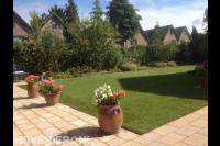 Bloempotten naast nieuw gazon van graszoden