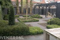 Tuin met pergola, haagjes en buxusbollen