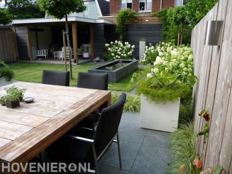Moderne tuin met terras, gazon, vijver en houten overkapping