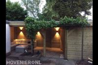 Houten overkapping met berging en loungeset