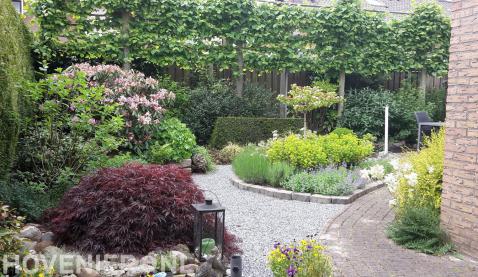 Tuin met kleurrijke beplanting en leibomen