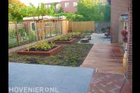 Achtertuin met terras, houten vlonder en hedera schutting