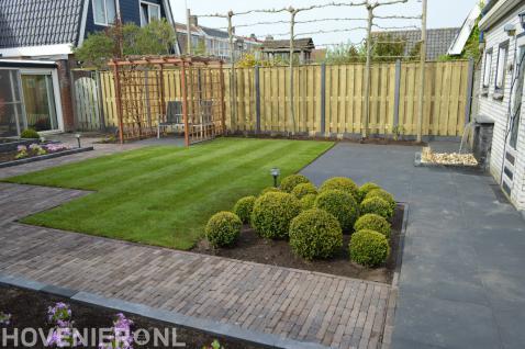 Tuin met gazon, pergola, hout beton schutting en leibomen 1