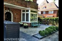 Voortuin met sierbestrating, buxusbollen en horensia's in bloembakken
