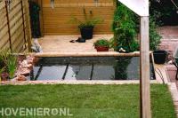Kleine tuin met vijver en gazon