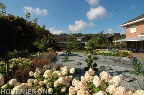 Moderne tuin met gazon, verhoogde border en kleurrijke beplanting 2