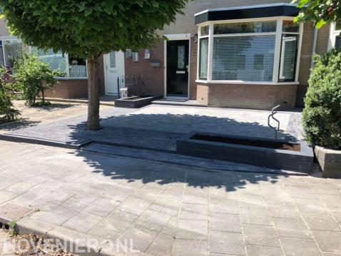 Onderhoudsarme voortuin met bestrating en trompetboom