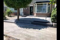 Onderhoudsarme voortuin met bestrating en trompetboom