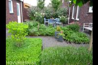 Knusse tuin met veel verschillende soorten beplanting