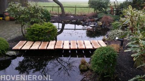 Natuurlijke vijver met houten loopbruggetje