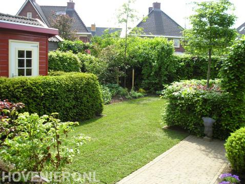 Compacte tuin met klein gazon en veel groen