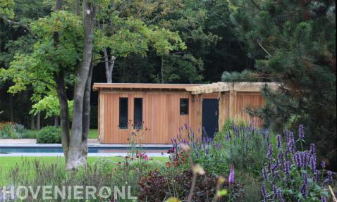 Houten blokhut en pergola bij zwembad