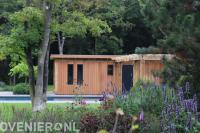 Houten blokhut en pergola bij zwembad