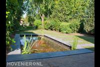 Strakke vijver en gazon met stapstenen