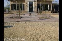 Villatuin met grind, bestrating van klinkers en jonge bomen.