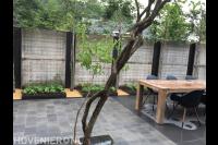 Strakke achtertuin met bestrating, schutting en leibomen 1