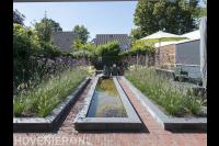 Tuin met strakke vijver en borders met siergras