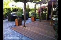 Achtertuin met terras, overkapping boven vlonder en dakplatanen 2