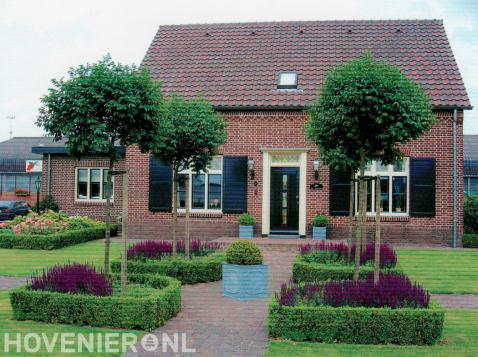 Kleurrijke voortuin met borders omgeven met buxus en bomen in bolvorm