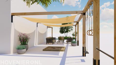 Houten pergola met schaduwdoek