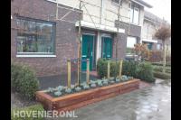 Voortuin met plantenbak en bomen
