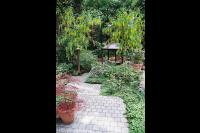 Prieel met tuinstoelen in tuin met kleurrijke beplanting