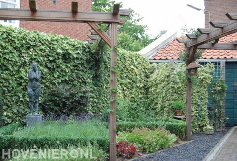 Tuin met houten pergola's en schutting met klimop