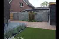Tuinaanleg met sierbestrating, gazon van kunstgras en schanskorven 2