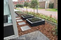 Onderhoudsarme tuin met plantenbakken en boomschors
