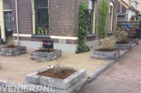 Voortuin met bestrating in waalformaat en plantenbakken