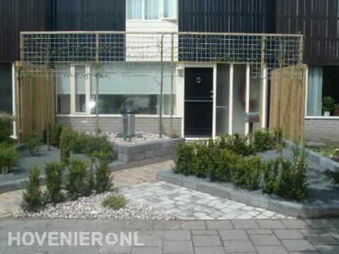 Onderhoudsarme voortuin met veel bestrating en grind en leibomen 1