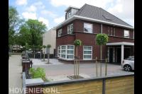 Onderhoudsvriendelijke voortuin met bestrating, grind en bolcatalpa's