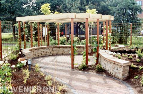 Tuin met schutting van betongaas met klimop en houten pergola