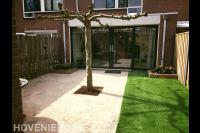 Achtertuin met kunstgras, bestrating en dakplataan