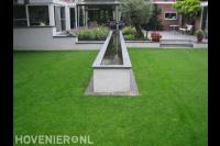 Verhoogd terras met olijfboom langs smalle vijver 2