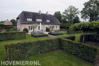Boerderijtuin met terras, gras, hagen en dakplatanen