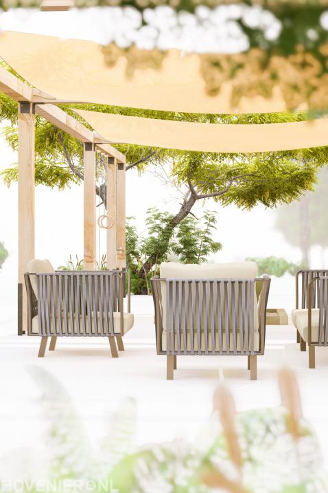 pergola met tuinstoelen onder schaduwdoek houten pergola van douglas