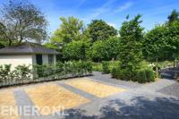 Tuin met parkeerplaatsen en tuinhuisje