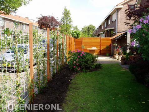 Smalle tuin met gazon en hedera schutting