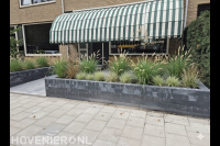 "Moderne voortuin met strakke verhoogde plantenborders"