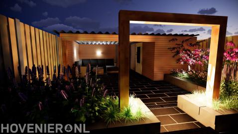 3D tuinontwerp met verlichting bij pergola en onder overkapping
