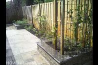 Tuinaanleg met bestrating, plantenbak en klimop