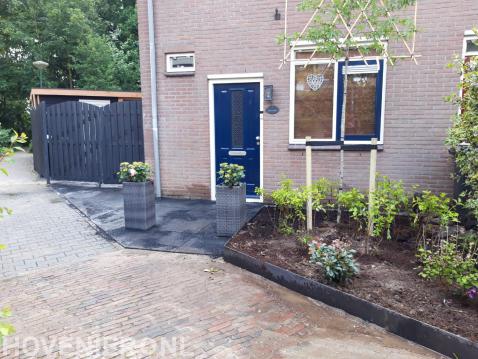 Voortuin met bloembakken en leiboom