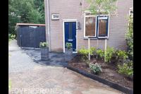 Voortuin met bloembakken en leiboom